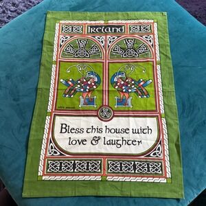 Clara Crafts Ireland Celtic Peacock Tea Towel Bless This House Cotton Green